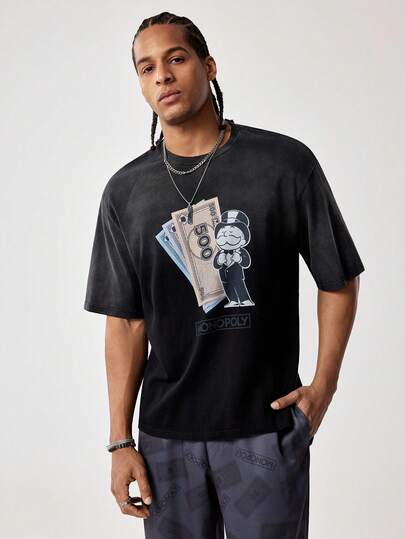 MONOPOLY X SHEIN Men's Cartoon Print Short Sleeve T-Shirt And Shorts Casual Suit, MONOPOLY