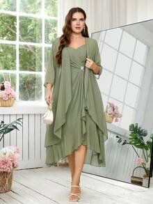 Reflora Plus Size Women's Sage Green Summer Elegant Dress & Robe Set,Ruffle Trim Rhinestone Camisole Dress,Wedding Guest Formal Party Luxury Evening Gown - Green - View 4