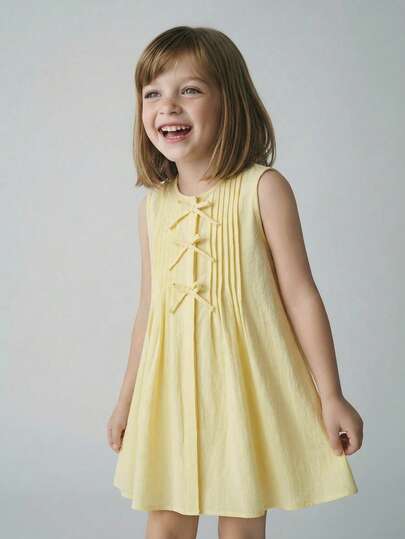 Maija Kids 1 pieza Vestido casual sin mangas de tejido amarillo con decoración de mariposa para niñas, adecuado para uso diario, vuelta al colegio, salidas, reuniones, festivales, fiestas, primavera y verano