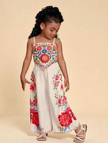 Young Girl Tropical Floral Print Curved Hem Triangle Back Tank Top, Summer - Multicolor - View 1