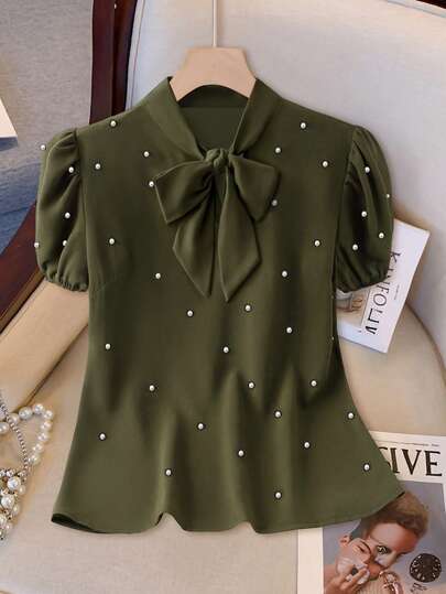 GlowEve Damblus med knytband, kronbladsärm, fuskpärla, romantisk, dejt, casual, semester, elegant, lämplig för arbete, bröllop, sommarsemester, olivgrön