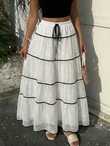 Franclia Women's Fashion Casual Contrast Color Trim Long White Skirt - Apricot - View 1