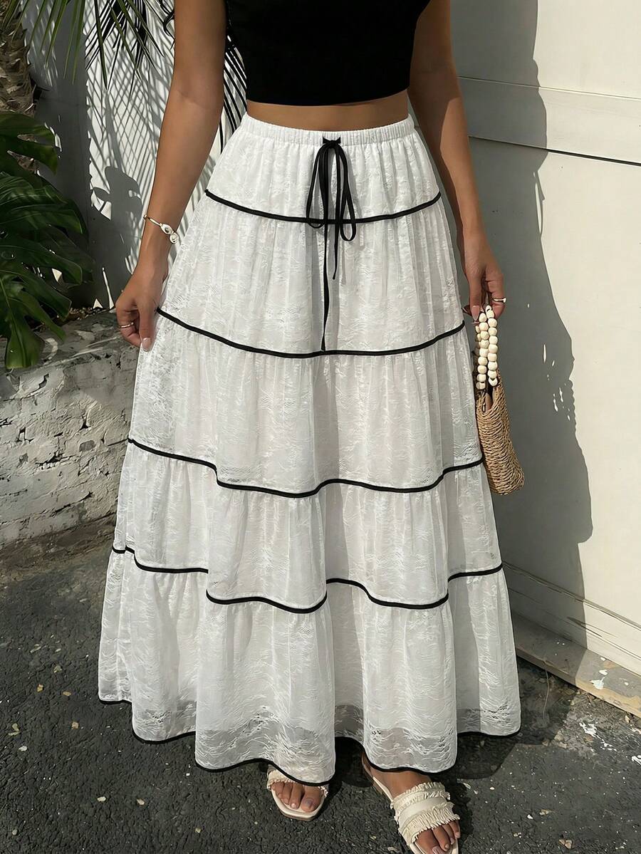 Franclia Women's Fashion Casual Contrast Color Trim Long White Skirt - Apricot - View 1