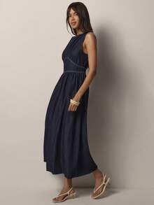 COSMINA 女士牛仔连衣裙，无袖荷叶边牛仔连衣裙，夏季女装，蓝色牛仔连衣裙，日常穿着，夏季度假，通勤。 - 藏蓝色 - 查看 6