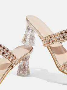 CUCCOO TILAWA Women's Round Toe Patent Leather Gold Rhinestone Strip Decoration Spring And Summer New Fashion Gorgeous Wear Thick Heel High Heel Sandals - Gold - View 9