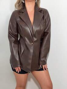 Jeta Ari Women Mocha Brown PU Elastic Fitted Commuter Street Fashion Blazer, Fall Winter New Year Christmas - Mocha Brown - View 3