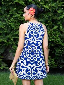 Melissa Matos Vacation Casual All-Over Print Halter Mini Dress Blue White Dress Blue Beach Dress Resort Wear Mediterranean Style Clothes Halter Neck Dress Blue And White Dress Mediterranean Dress, Mediterranean Style Dress,Casual Woman Style, Fall Outfits For Women, Chic Autumn,Going Out Outfit,Elegant Outfits,Country Style For Women,National Day, New Year Clothes, Going Out Outfit, Luxury Elegant Graduation Party - Blue and White - View 2