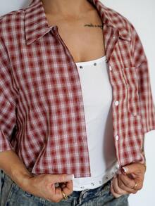 SAYEHFBABY Camiseta holgada de cuadros con corte crop vintage estilo "preppy" para mujer, para primavera/verano, camisa roja para Año Nuevo - Multicolor - Ver 3