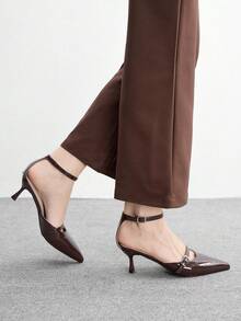 CUCCOO BIZCHIC Giày cao gót nữ, kiểu dáng retro màu nâu bóng, gót nhọn có khóa đôi và gót khoét rỗng, giày đa năng cho mùa xuân và mùa hè, phù hợp cho công sở và hẹn hò. - màu nâu - Xem 5