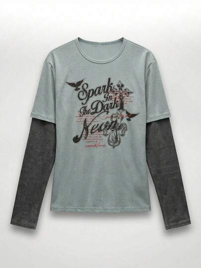 NEON BLANC Men's Casual Colorblock Letter Print Round Neck Long Sleeve T-Shirt, Autumn