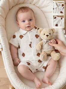SHEIN Bộ 2 áo liền quần ngắn tay cổ tròn cho bé trai sơ sinh, họa tiết tre, sọc trơn, thêu hình gấu dễ thương, kiểu dáng retro, cài khuy, thích hợp cho các hoạt động ngoài trời hoặc công viên mùa hè. - trắng - Xem 1