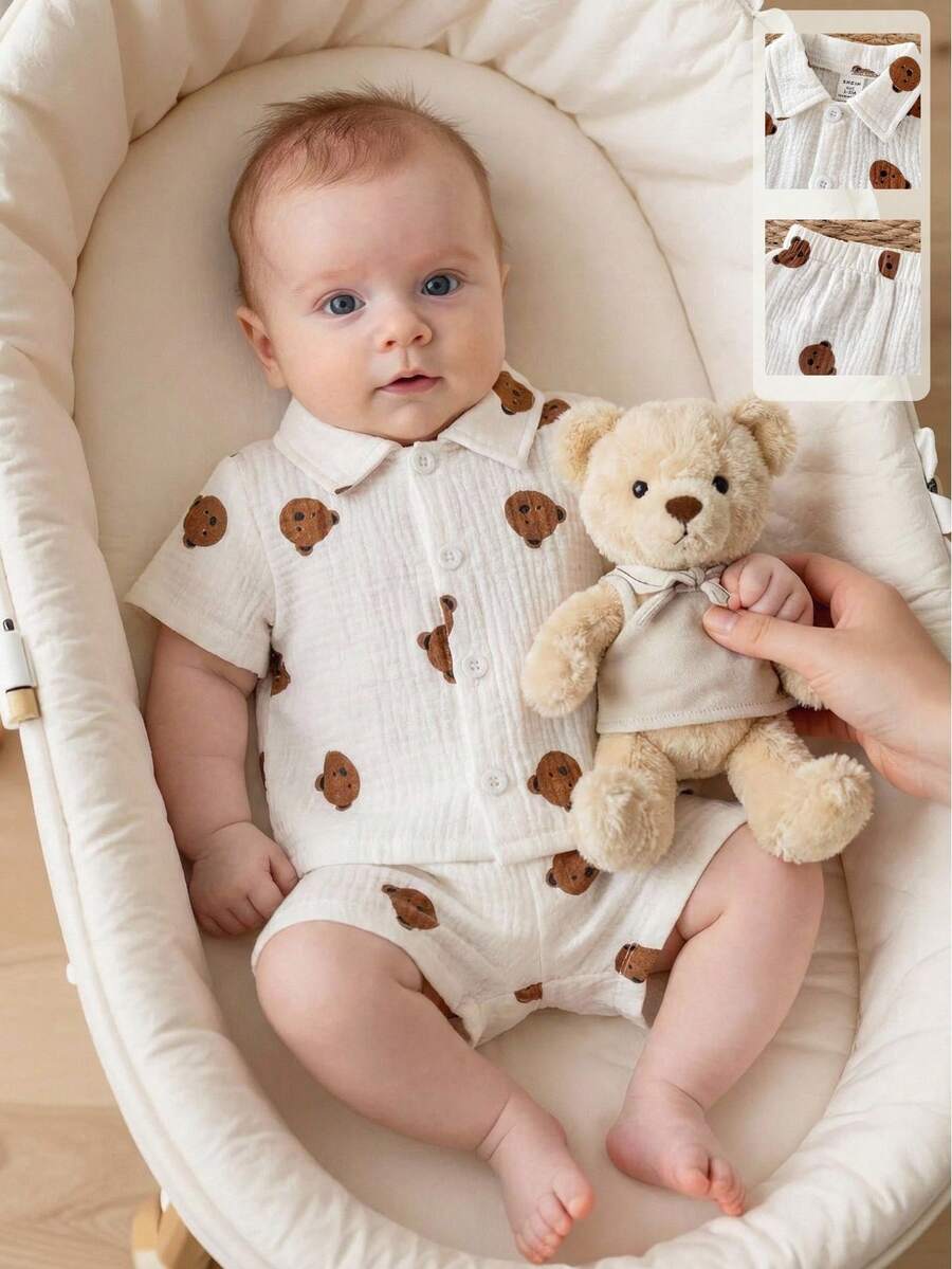 SHEIN Bộ 2 áo liền quần ngắn tay cổ tròn cho bé trai sơ sinh, họa tiết tre, sọc trơn, thêu hình gấu dễ thương, kiểu dáng retro, cài khuy, thích hợp cho các hoạt động ngoài trời hoặc công viên mùa hè. - trắng - Xem 1