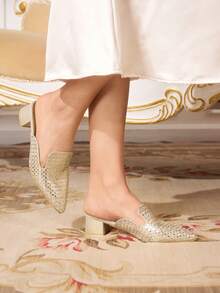 CUCCOO TILAWA Sandales à talons hauts de mode polyvalentes pour soirée, à bout carré, ornées de strass dorés et à carreaux, à talon bas et à bout ouvert - Doré - Voir 6