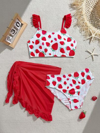 SHEIN Tween Girls Strawberry Print Ruffled Bikini Set, Comfortable Elastic Knit Fabric, Adjustable Spaghetti Strap Top And Shorts, Suitable For Swimming, Vacation, Summer