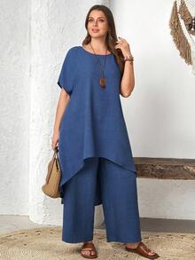 EMERY ROSE 大码女式休闲度假风纯色蝙蝠袖短袖不规则下摆长款上衣搭配阔腿裤两件套，春夏秋季 - 藍色 - 查看 7