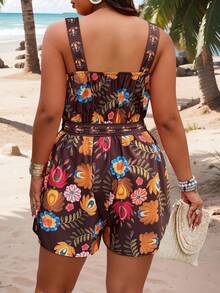 Weeklong Jumpsuit Wanita Ukuran Besar Gaya Bohemian Musim Panas Motif Bunga dengan Sabuk - MultiWarna - View 2