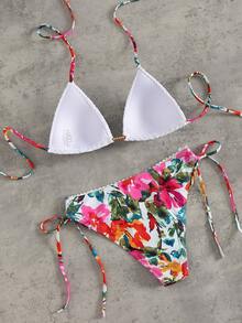 Swim Vcay Women's Solid Color Gathered Triangle Padded Side Tie Bikini Set, Summer Colorful Bikini Set Boho Bikini Bikini Floral - Multicolor - View 5