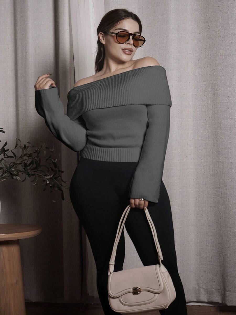 Lupita Cardoza Sweater Pullover Wanita Kasual Warna Polos dengan Lipatan di Bahu, Musim Gugur - Grey - View 1
