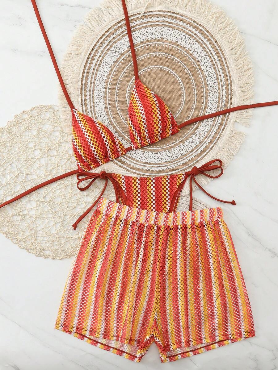 Swim Vcay-D 女士春夏提花面料挂脖三件套比基尼套装 - 彩色 - 查看 1