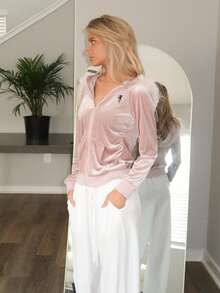 Sydney Algeri Women's Embroidered Velvet Long Sleeve Zip Front Hooded Casual Jacket With Fur Collar, Light Pink Hoodies For Women Zip Up, With - Pink - View 4