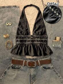 Attitoon Top halter con espalda descubierta, estilo retro y sexy Y2K para festivales de música y punk - Gris - Ver 9