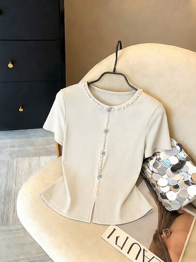 GlowEve Women's Summer New Elegant Versatile All-Match Bubble Bead Crafted Apricot Short Sleeve Top