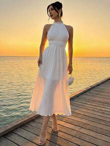Firerie Vestido midi blanco con espalda descubierta y plisado sexy para vacaciones, sin mangas para el verano - Blanco - Ver 3