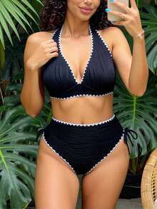 SHEIN Swim Curve 大码女士性感比基尼两件套泳衣，特殊面料花卉饰边，沙滩派对度假泳装 - 黑色 - 查看 4