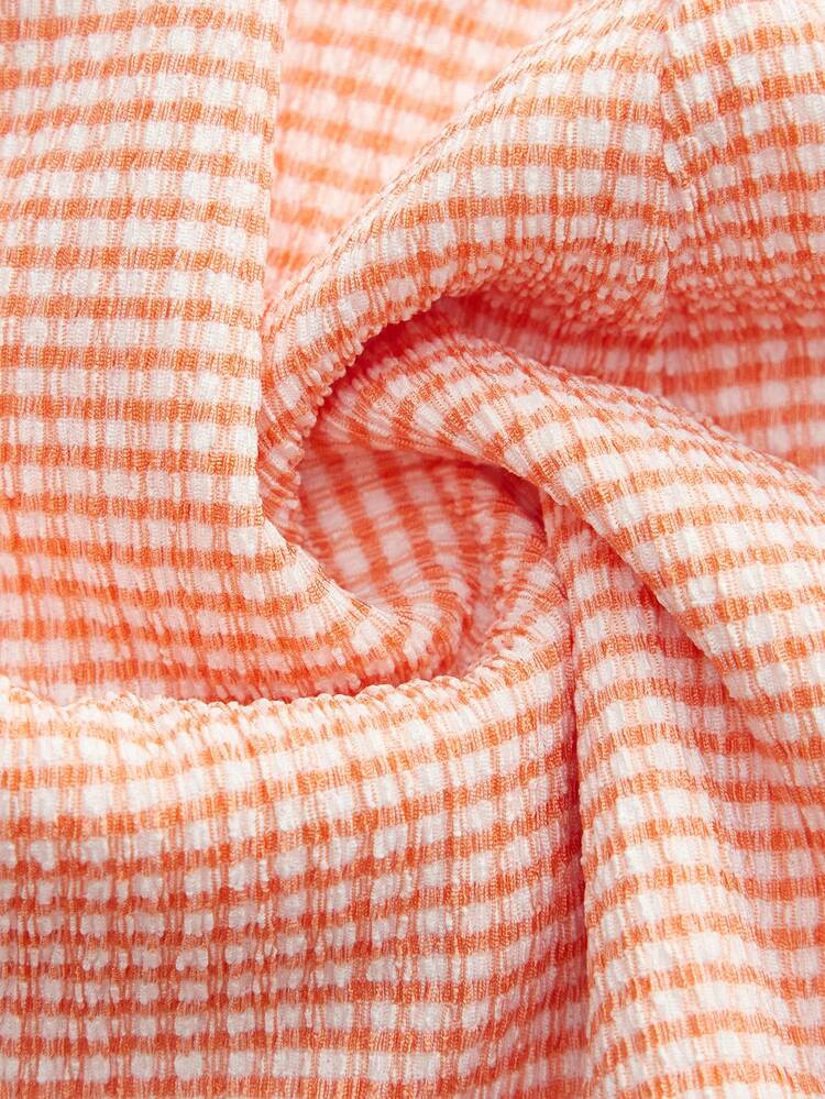 Orange Check Print Mini Wrap Skirt With Button Fasten Cute Vintage Spring Summer Parisian Style French Style Vacation Skirt Going Out Skirt Checkered Skirt