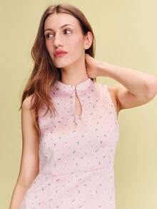 lacRébo 粉色碎花高领开衩长裙，可爱春夏法式巴黎风缎面连衣裙，商务休闲连衣裙 - 彩色 - 查看 5