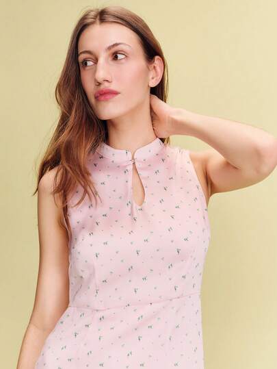 lacRébo Pink Floral Maxi Dress With A High Neckline And A Slit Cute Dress Spring Summer French Style Parisian Style Satin Dress Business Casual Dress