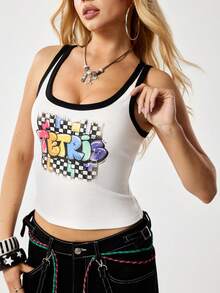 Tetris™ X SHEIN قميص كاجوال للنساء مزين بطباعة الشطرنج - أبيض - مشاهدة 4