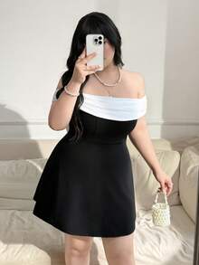 CovetEZ Đầm trễ vai đen trắng phối nơ tương phản, thích hợp cho hẹn hò, tiệc tùng. - màu nâu - Xem 4