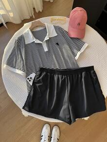 SHEIN EZwear Summer Casual 2-Piece Set,Black And White Striped Horse Embroidery Contrast Collar T-Shirt&Loose Shorts,Bussines School Back-To-School Plus Size Suit - Multicolor - View 5