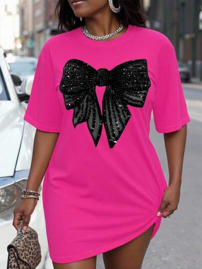 Maweii Plus Size Summer Casual Sequin Bow Graphic Round Neck Short Sleeve T-Shirt