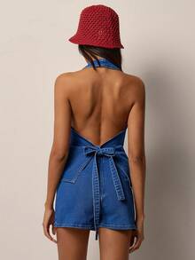 COSMINA 女士牛仔吊带露脐上衣和口袋裙/短裤两件套，休闲优雅Y2K牛仔两件套 - 深色水洗藍 - 查看 7