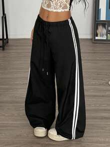 Muchica 條紋圖案側腰部抽繩闊腿褲 - 黑色 - 查看 5