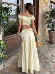 MainGRL Elegant Women's Cream Two Piece Outfit, Off Shoulder Ruched Crop Top & Flowy Tiered Maxi Skirt Set, Ideal For Beach Vacation, Tropical Getaways, Date Nights, Brunch, Cocktail Parties, Wedding Guest Attire & Picnics, Coastal Boho Style 2026 Spring/Summer - Light Yellow - View 2