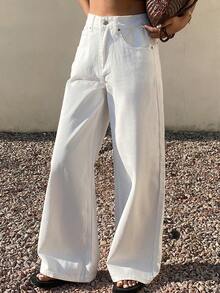 DAZY Women's Casual White Pocket Wide Leg Jeans, Spring/Summer - White - View 4