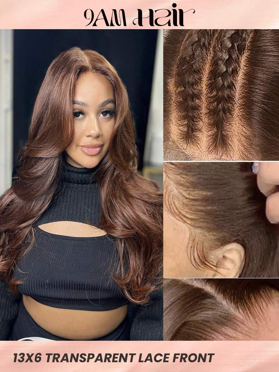 巧克力棕色波浪卷发真人发假发，13*6透明蕾丝前假发，带婴儿发，预先拔毛，女士款 - S4 - 查看 1
