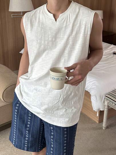 DAZY 男士白色背心短裤睡衣套装，夏季