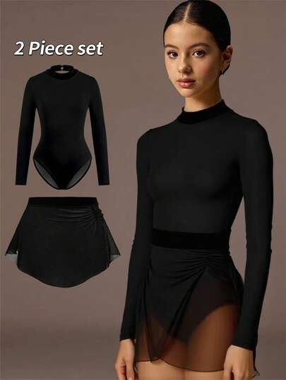 Conjunto de mono negro con minifalda de moda para adolescentes, adecuado para baile, entrenamiento y actuación