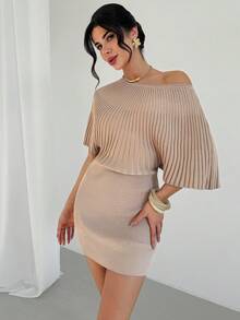 Firerie Women's Spring/Summer New Minimalist Elegant Daily/Office Commute Asymmetric Shoulder Knit Dress - Apricot - View 2