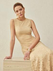 MOTF PREMIUM Đầm ren không tay dáng đuôi cá thanh lịch, thích hợp mặc hàng ngày và hẹn hò, mùa xuân/hè. - Màu Khaki - Xem 1