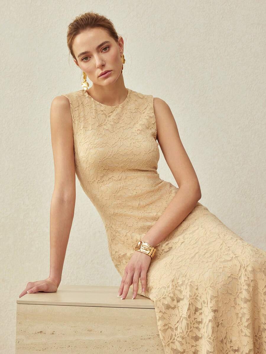 MOTF PREMIUM Đầm ren không tay dáng đuôi cá thanh lịch, thích hợp mặc hàng ngày và hẹn hò, mùa xuân/hè. - Màu Khaki - Xem 1