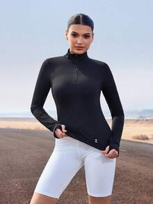 OutZeal 女士户外黑色T恤跑步健身服速干弹力修身长袖前半拉链运动上衣 - 黑色 - 查看 10