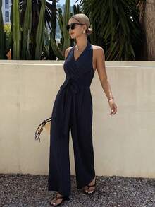 DAZY Bộ áo liền quần nữ có họa tiết, kiểu dáng thường ngày, thích hợp cho mùa xuân và mùa hè. - Màu xanh hải quân - Xem 3