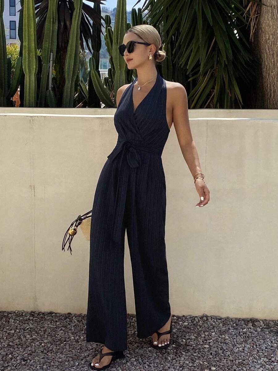 DAZY 女士纹理休闲连体裤，适合春夏穿着 - 藏蓝色 - 查看 1