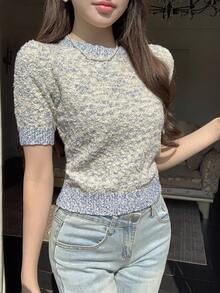 DAZY Women's Stand Collar Casual Versatile Daily Wear Knitted Short Sleeve Top - Blue - View 3