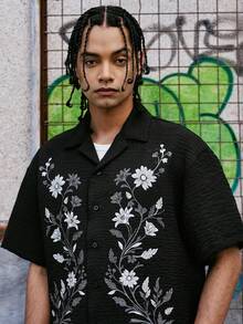 PAVTROS Men's Floral Pattern Single-Breasted Casual Short Sleeve Shirt - Black - View 4